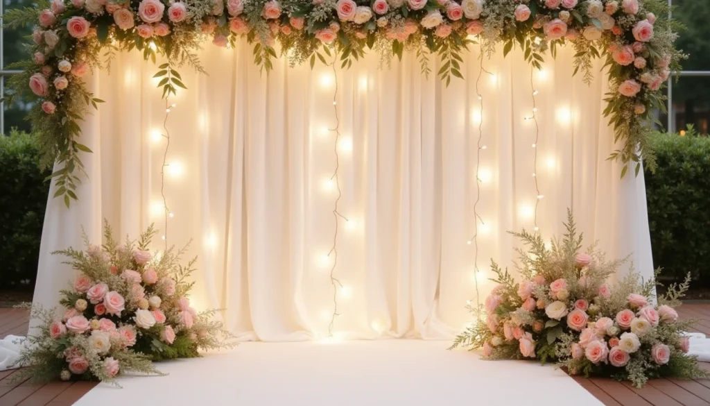 A stunning wedding photo backdrops featuring flowing white drapes, pastel floral arrangements, and warm string lights, creating an elegant and romantic atmosphere.