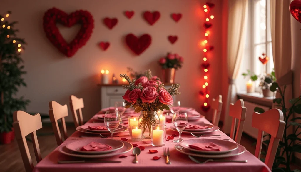 A stylishly decorated Valentine's Day Decor featuring a cozy mantel adorned with a vase of roses, soft pink and white candles, and a single heart-shaped décor piece. The dining table is elegantly set with a floral centerpiece, red and white tableware, and subtle accents that complement the room’s neutral color palette. Natural wood elements and greenery add a seasonal touch, creating a warm and inviting atmosphere.