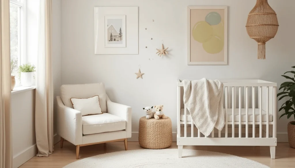 A cozy DIY nursery with pastel walls, a crib, handmade macramé wall