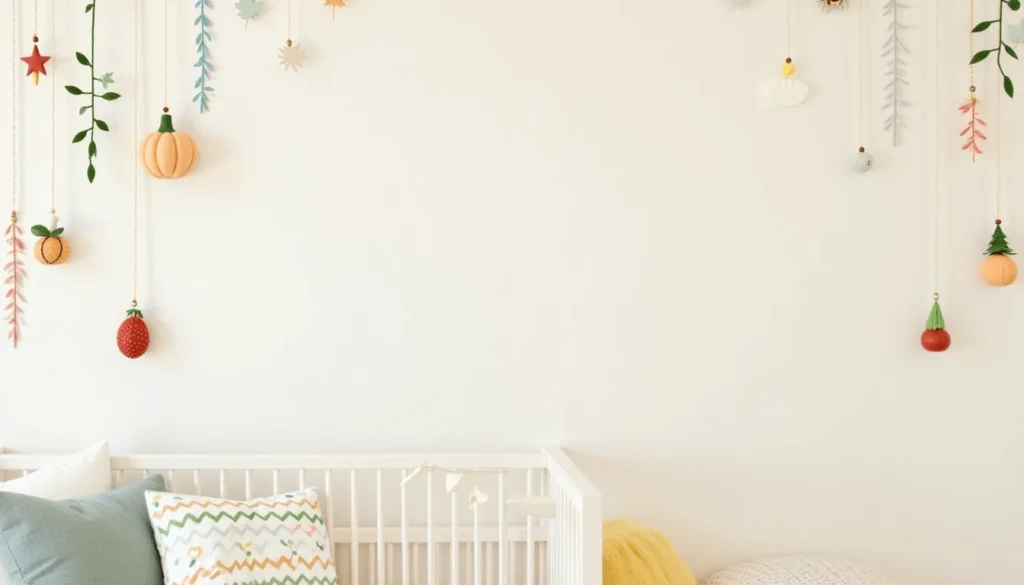 Cozy and charming nursery wall decorated with pastel tones, playful patterns, and baby-themed illustrations such as clouds and stars."