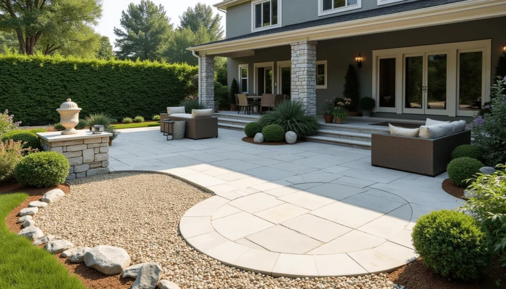 A beautifully designed outdoor patio showcasing various flooring and base material options, including crushed stone, graded base, sand, concrete, and pea gravel. This inspiring example of patio floor ideas highlights creative ways to design a functional and stylish outdoor living space, surrounded by lush greenery and featuring modern furniture for a welcoming ambiance.