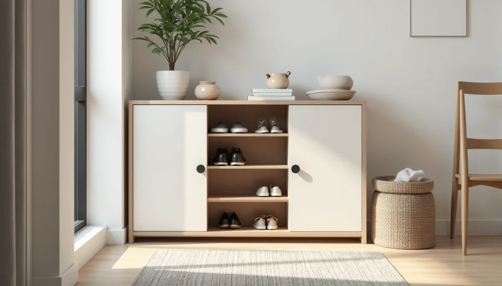 Versatile shoe cabinet with built-in drawers for shoe care products, compartments for accessories, and a cushioned seating top, perfect for small spaces